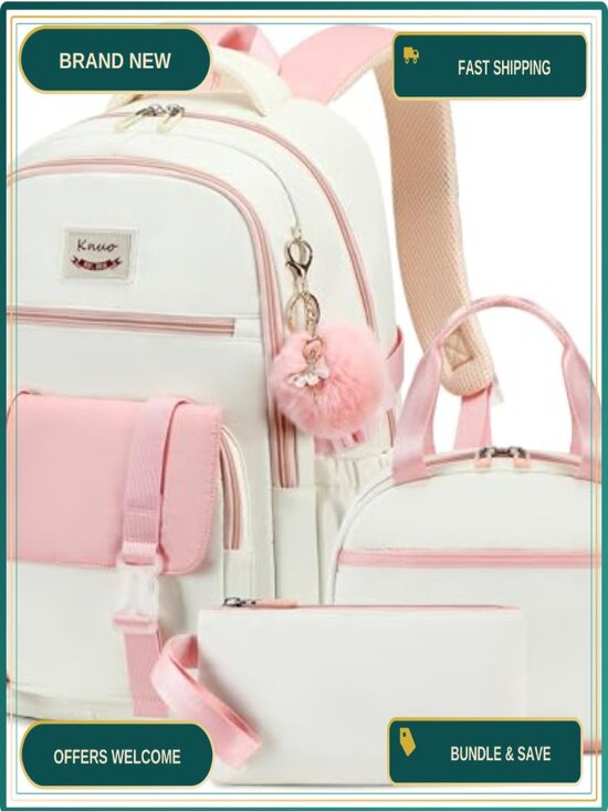 3 Piece Pink Backpack Set Laptop Backpack for Women Teens with Lunch Bag Pencil main image 5
